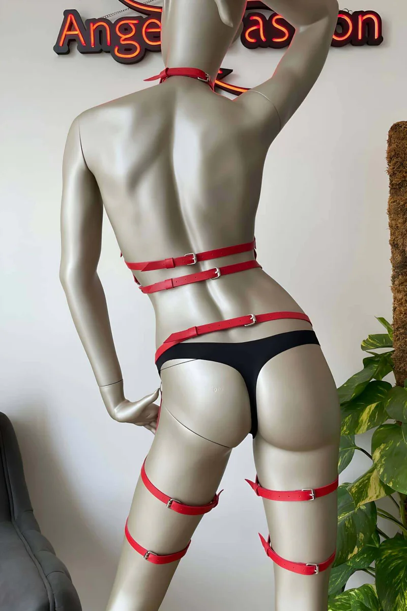 Red faux leather harness set back view detail with garter straps