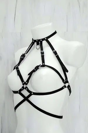 Black Faux Leather Full Body Harness Women Adjustable Straps Detachable O-Ring Chain