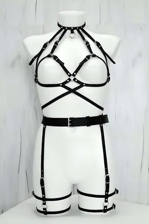 Black Faux Leather Full Body Harness Women Adjustable Straps Detachable O-Ring Chain