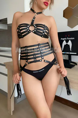 Black Faux Leather Full Body Harness Set Women Adjustable Straps Tassel Detail