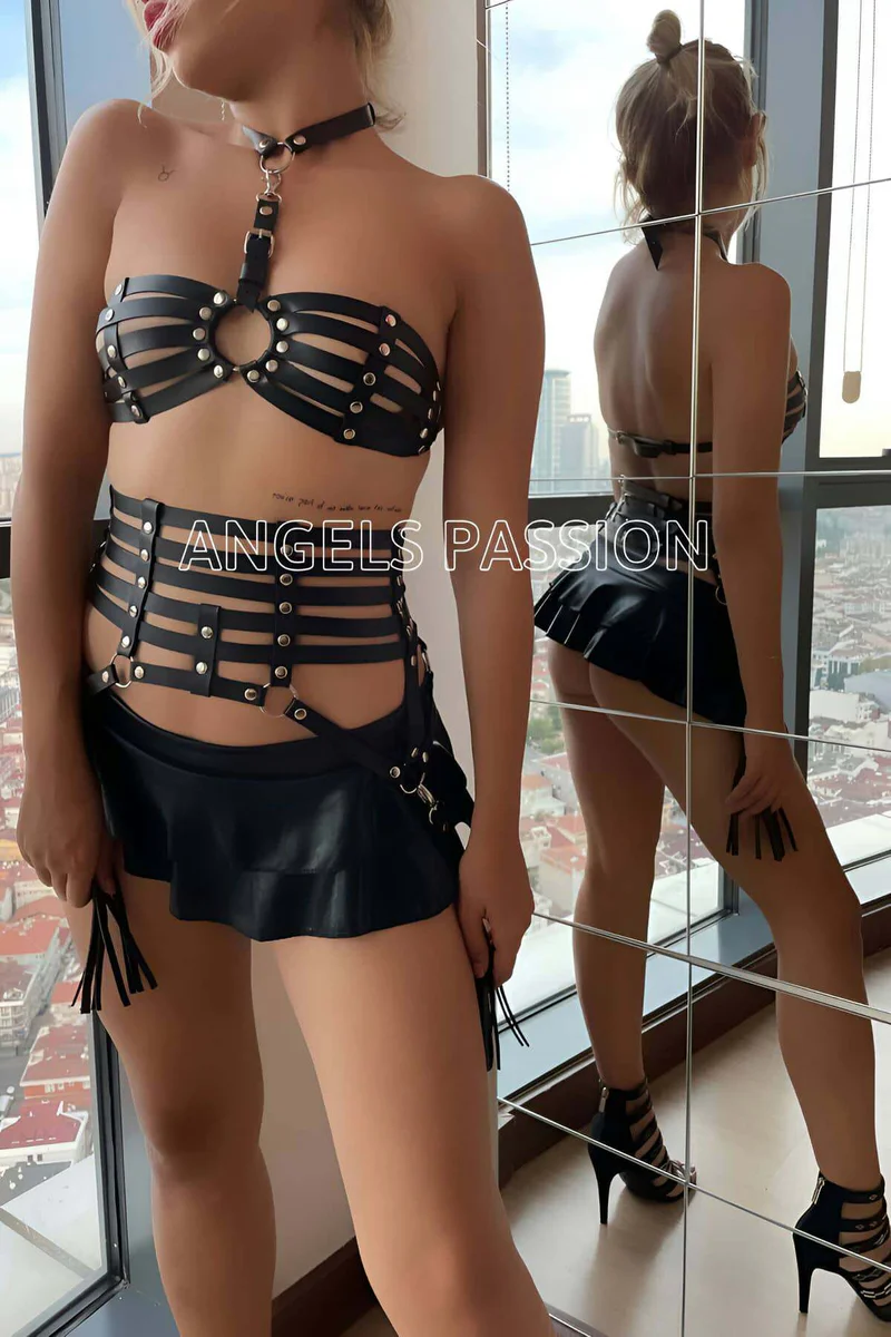 Black Faux Leather Harness Set Side Profile Tassel Detail Lingerie Outfit