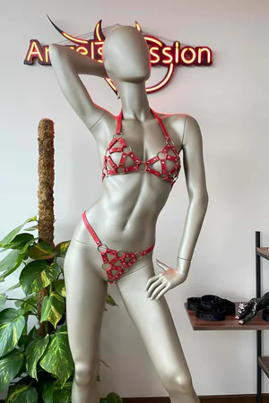 Red Faux Leather Caged Bra and Thong Harness Set on mannequin