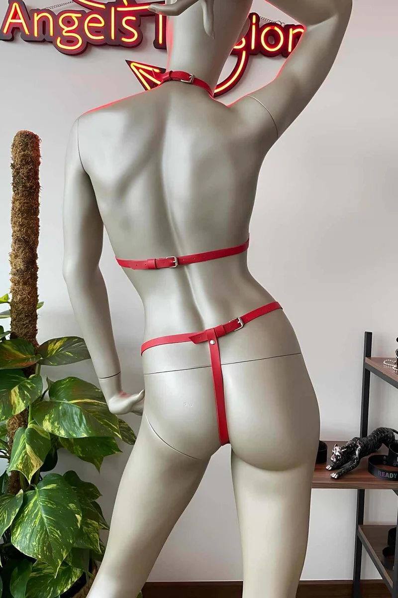 Caged Thong Harness Red F