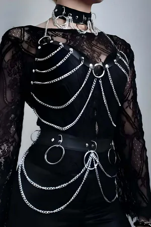 Black Faux Leather Body Harness Set with Silver Chains and O-Rings