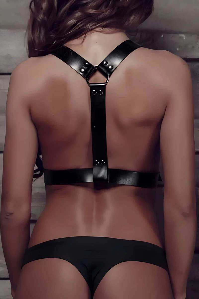 Black Faux Leather Overlay Harness Back