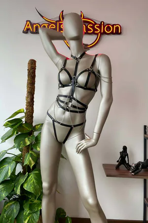 Black Faux Leather Full Body Harness for Women with Silver Chains