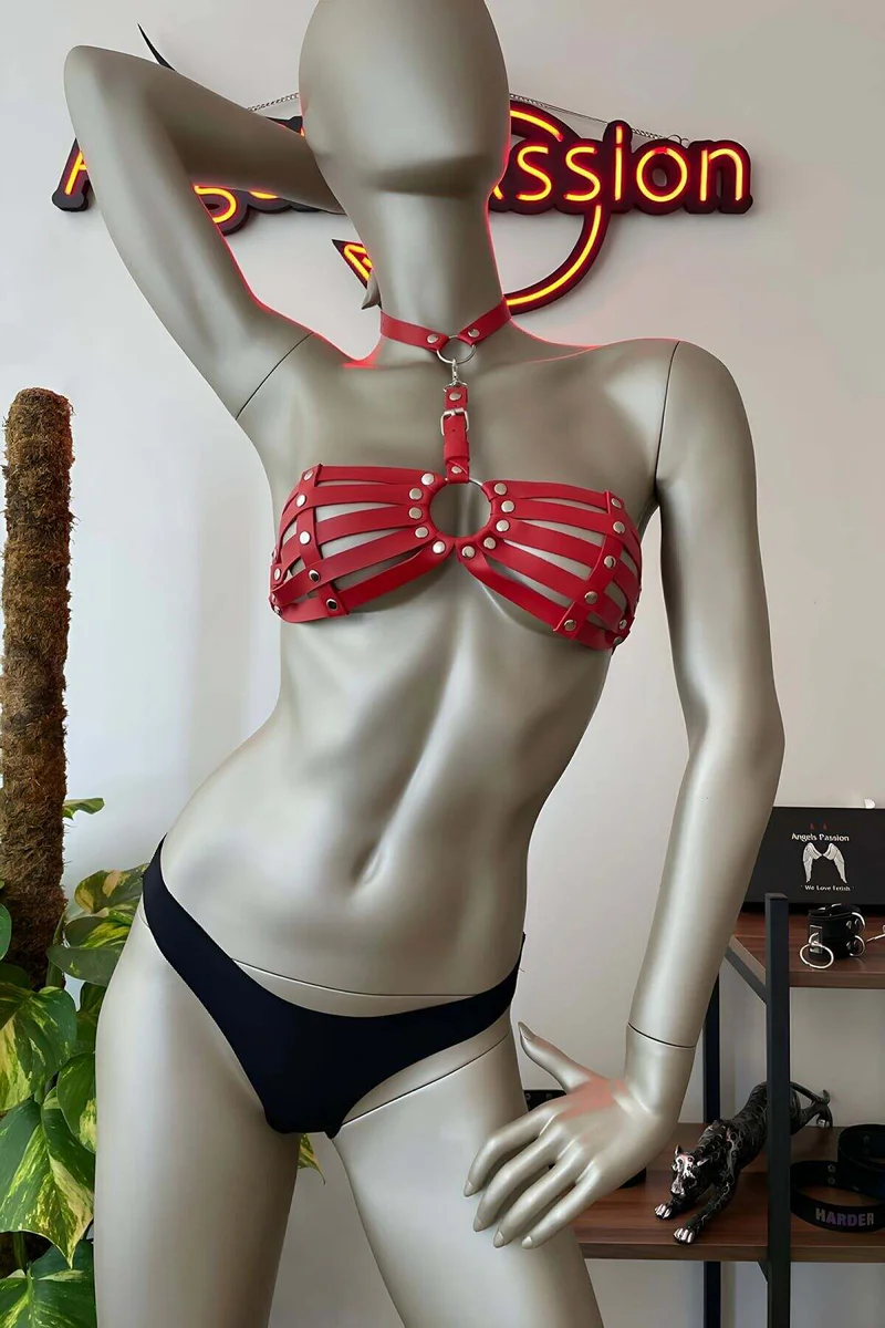Red Strappy Harness Lingerie Close
