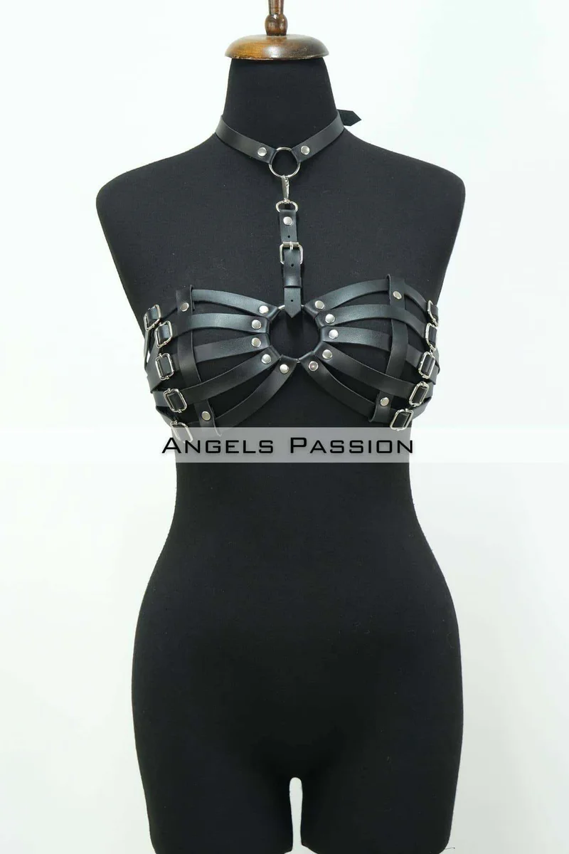 Black Faux Leather Caged Chest Harness Bra with Choker O-Ring
