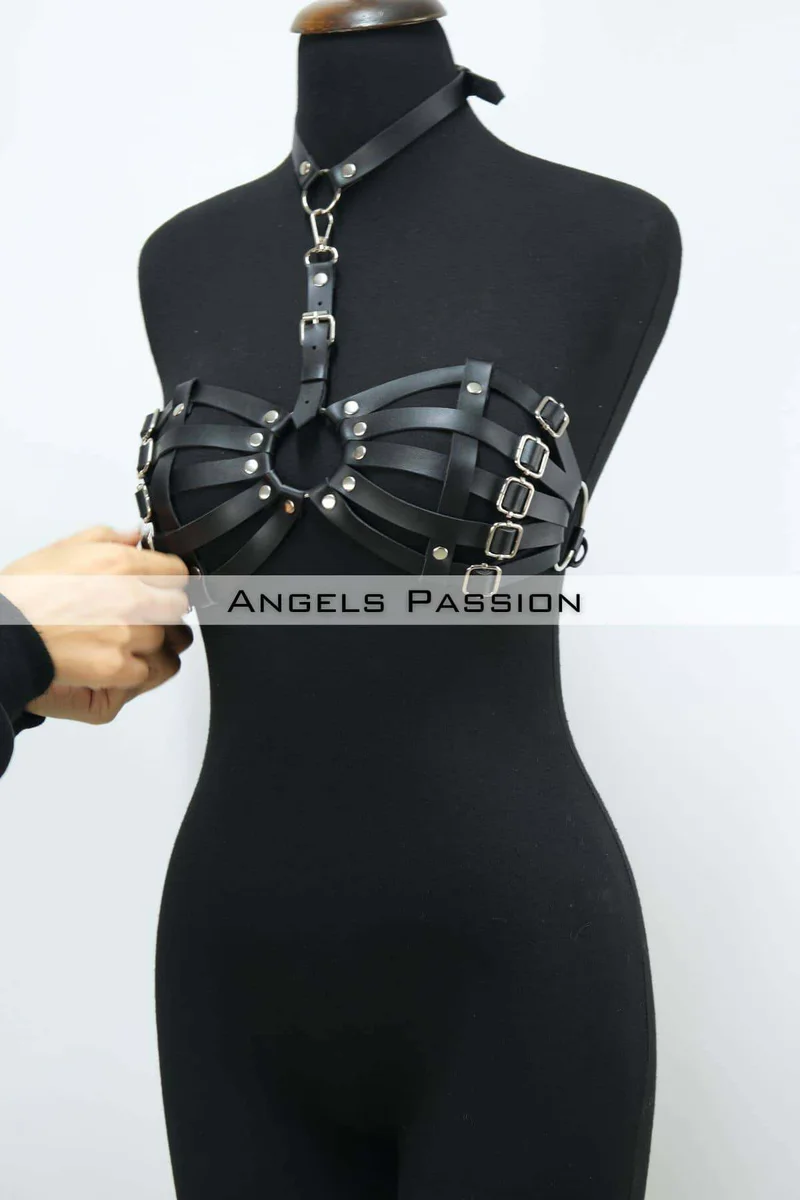 Festival leather caged chest harness bra