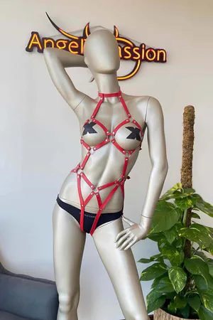 Red Faux Leather Full Body Harness Silver O-Rings Adjustable Straps