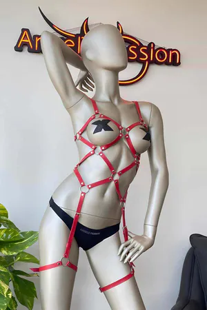 Red Faux Leather Full Body Harness Caged Design O-Rings