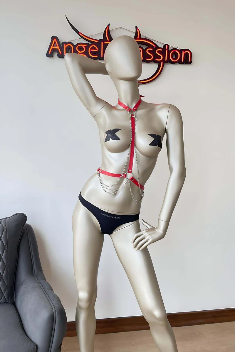Red Faux Leather Body Harness Detail of
