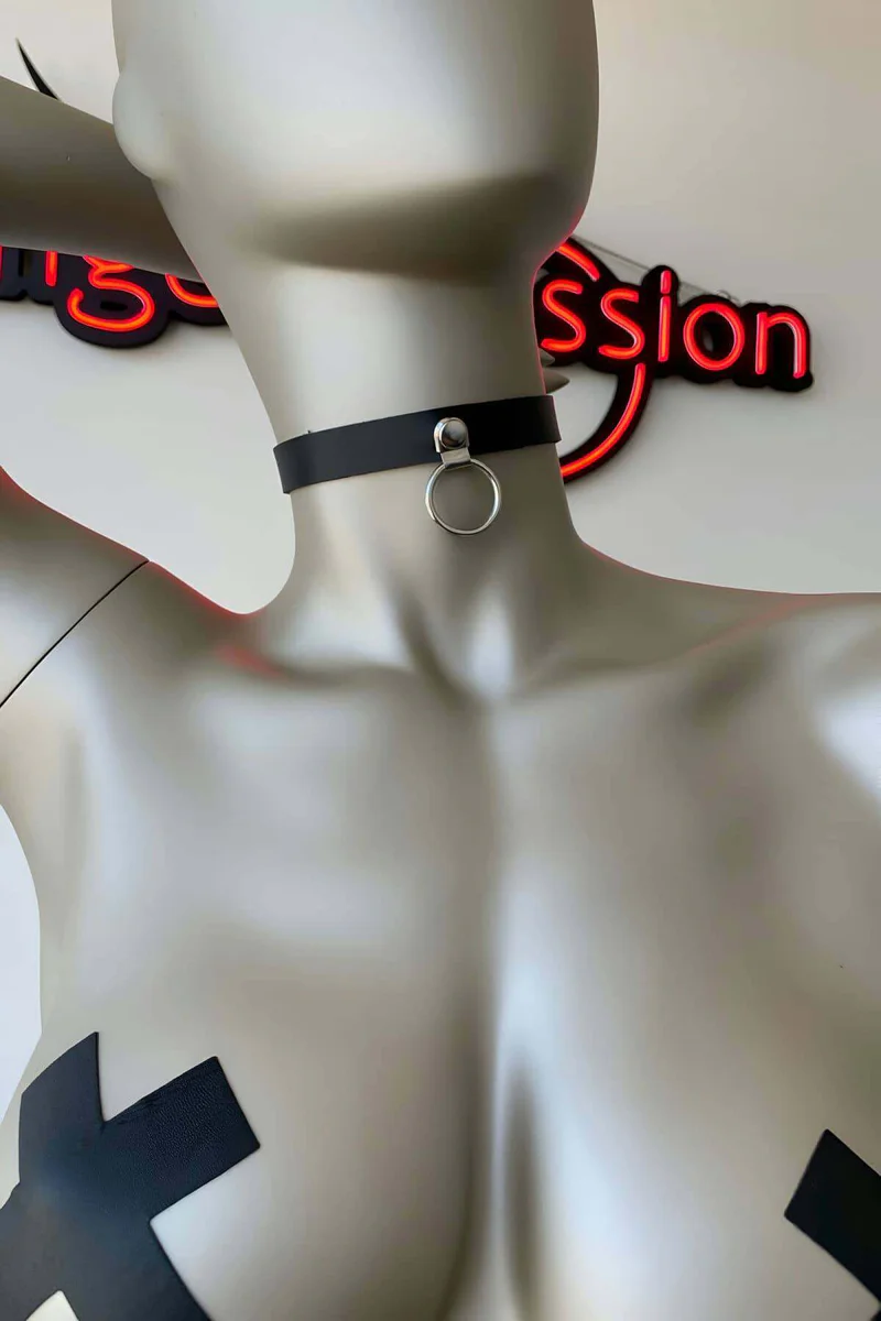 Black Faux Leather O-Ring Choker Necklace on Mannequin