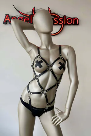 Black Faux Leather Full Body Harness Women O-Ring Straps Geometric Design