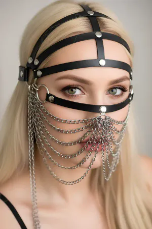 Black Faux Leather Face Veil Head Harness with Silver Chains Draping Over Face