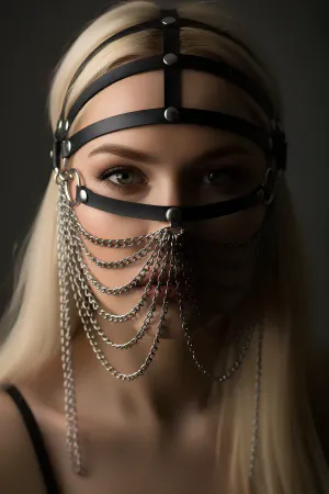 Black Faux Leather Face Veil Head Harness with Silver Chains Draping Over Face