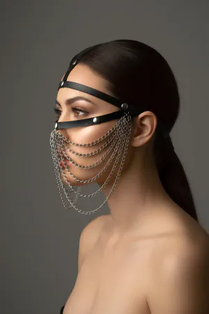 Black Faux Leather Face Veil Head Harness with Silver Chains Draping Over Face
