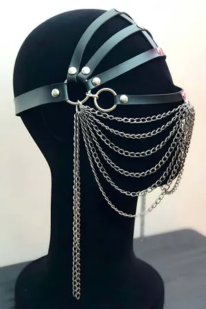 Black Faux Leather Face Veil Head Harness with Silver Chains Draping Over Face