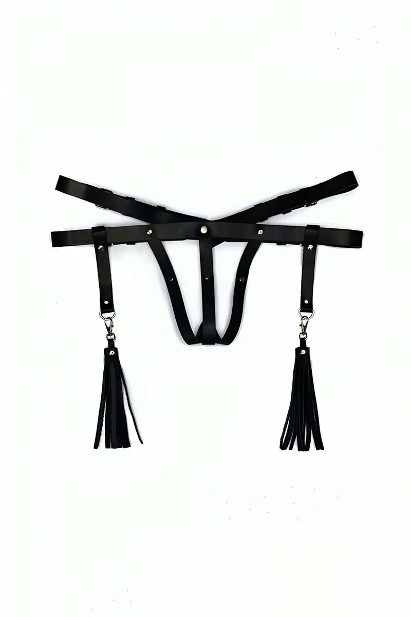 Black Faux Leather Underbust Thong Harness with Tassels Garter Style