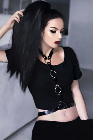 Black Faux Leather Body Harness Silver O-Rings Adjustable Straps