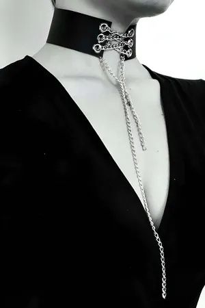 Black Faux Leather Wide Choker Necklace with Draped Silver Chains and O-Rings