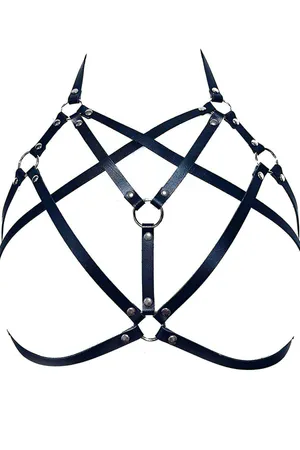 Black Faux Leather Strappy Star Chest Harness with Silver O-Rings