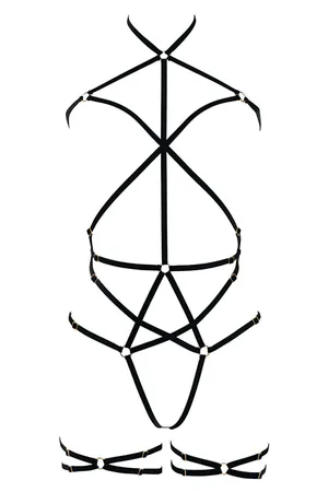 Black Strappy Body Cage Harness Gold O-Rings Intricate Design Adjustable