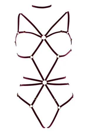 Kırmızı Kadife Vücut Harness Sütyen ve Külot Takımı Ayarlanabilir Askılı