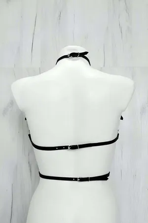 Black Faux Leather Chest Harness with O-Ring Choker for Women