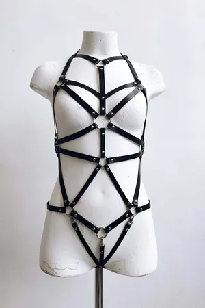 Black Faux Leather Full Body Harness Men O-Ring Details Adjustable Straps