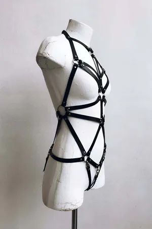 Black Faux Leather Full Body Harness Men O-Ring Details Adjustable Straps