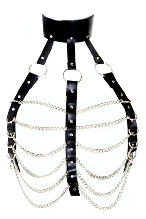 Black Faux Leather Chest Harness Women with Silver Draping Chains