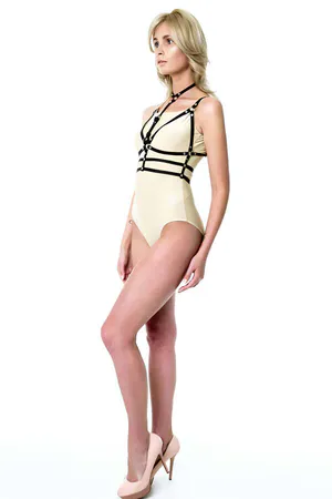 Black Faux Leather Chest Harness with O-Ring and Adjustable Straps