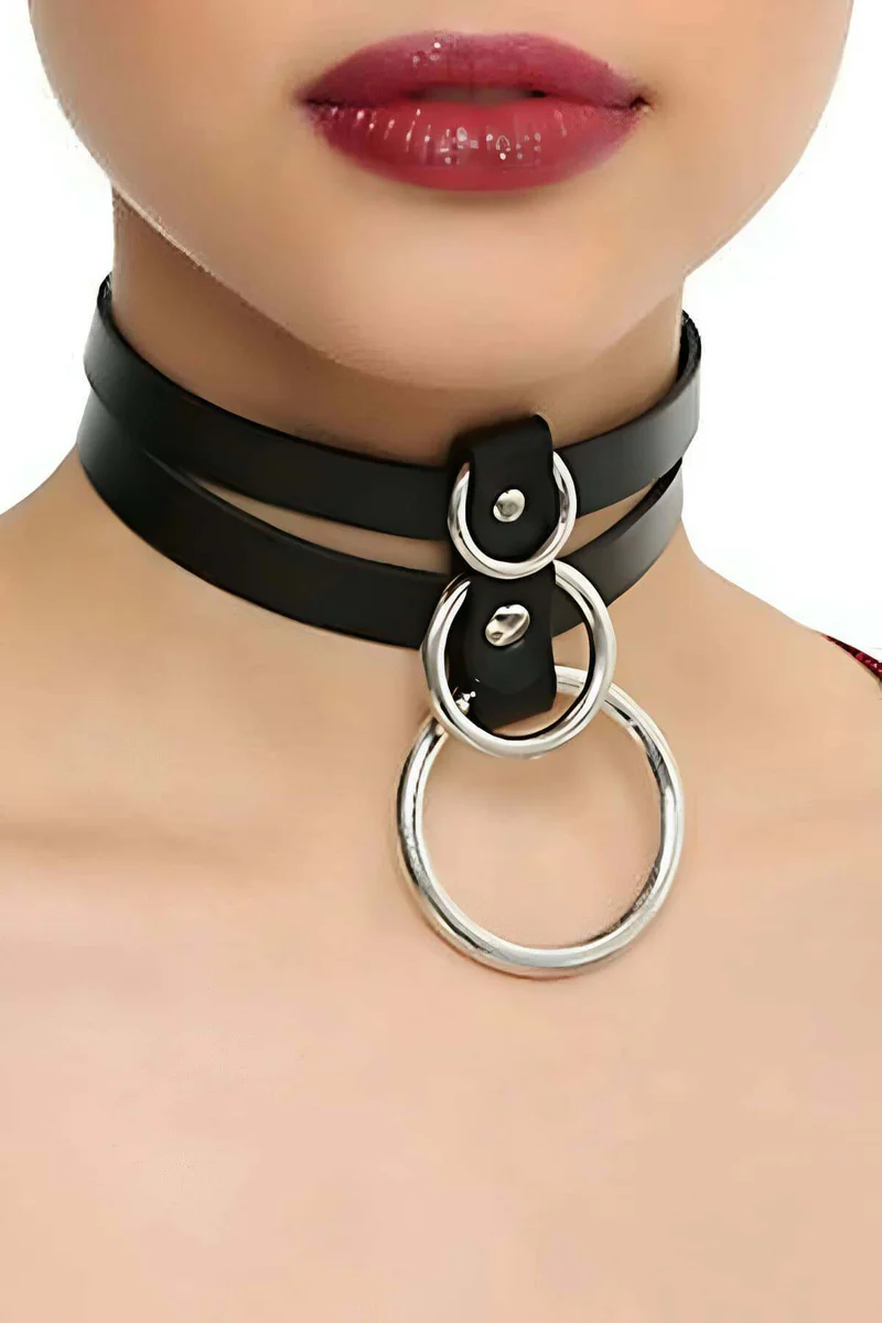 Black Faux Leather Triple O-Ring Choker Necklace Women Adjustable