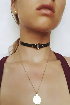 Black Faux Leather O-Ring Choker Necklace Gold Pendant