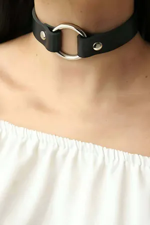 Black Faux Leather O-Ring Choker Necklace Gold Pendant