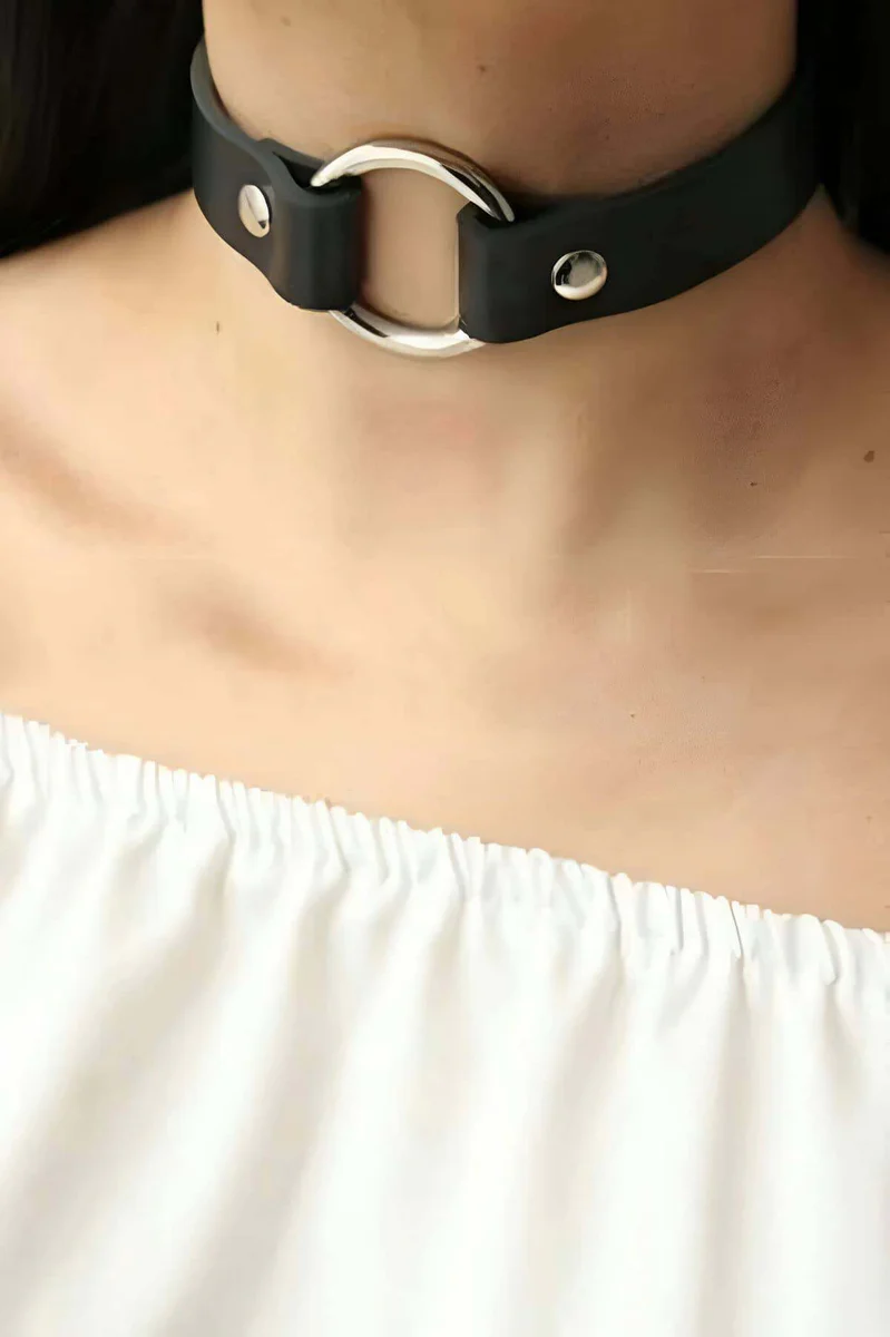 Black Faux Leather Choker Close-Up Silver O-Ring Hardware