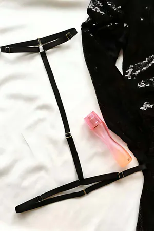 Black adjustable elastic body harness with thigh straps