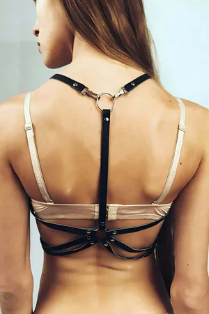 Black Faux Leather Star Body Harness with O-Ring and Chain