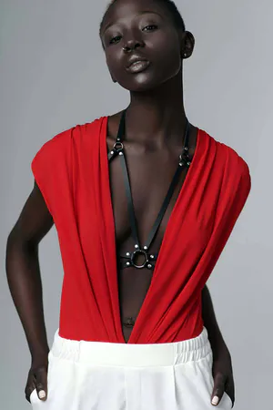 Black Faux Leather Chest Harness with O-Ring Detail