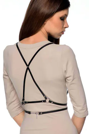 Black faux leather adjustable chest harness with O-ring detail