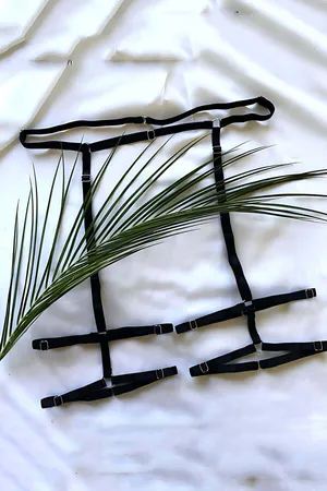Black adjustable strappy leg harness set with metal buckles
