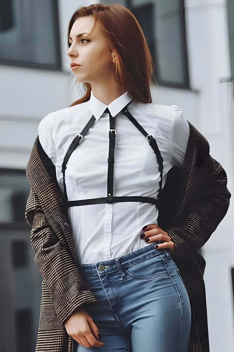 Black faux leather chest harness side view adjustable straps