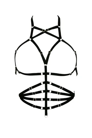 Black faux leather geometric body harness with adjustable straps