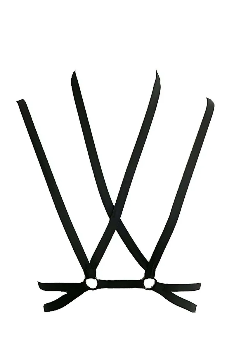 Black lingerie chest harness with O-ring detail and adjustable straps
