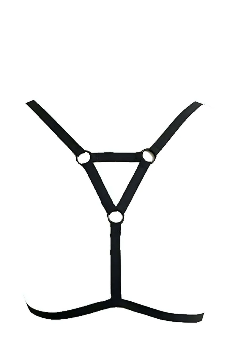 Side view of black strappy chest harness showing strap configuration