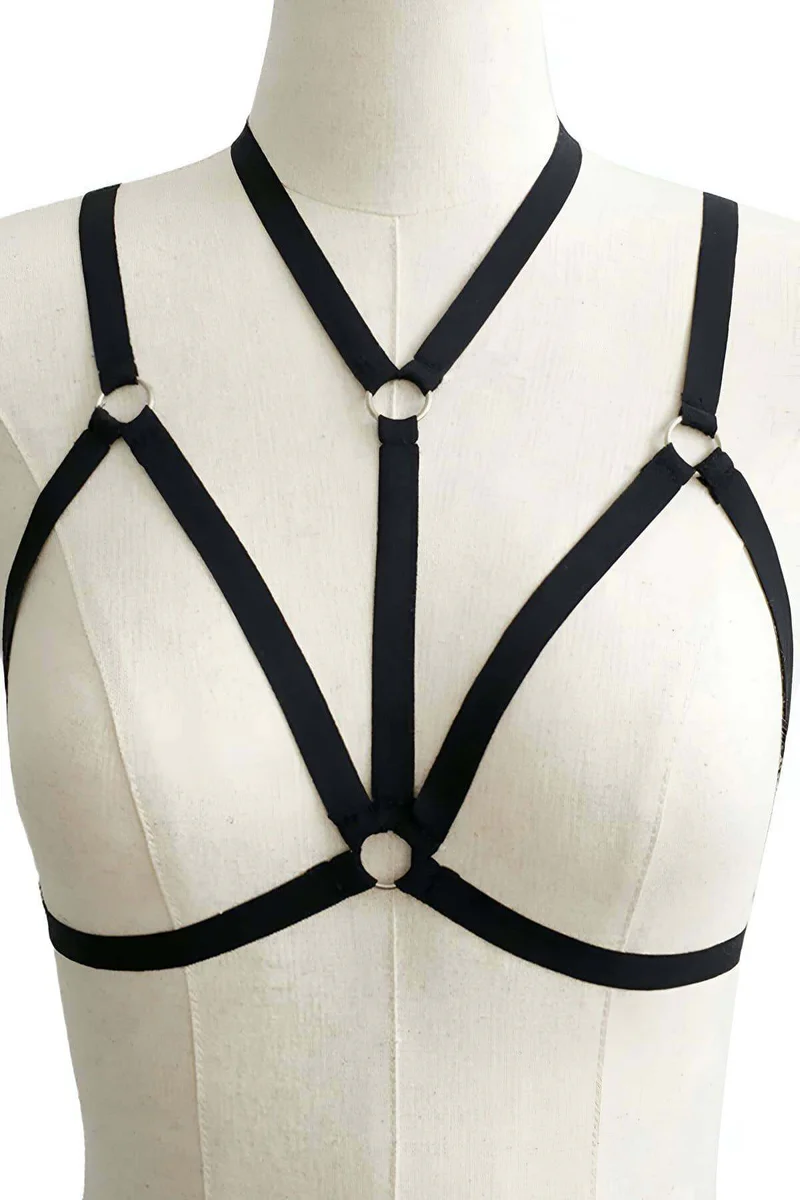 Black strappy chest harness dual O-ring accents showing front view configuration