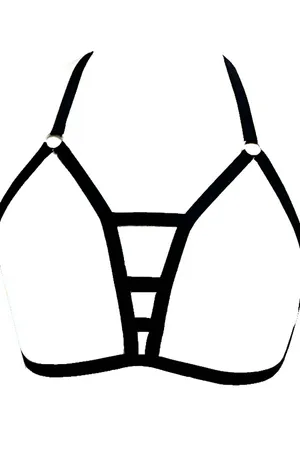 Black vegan leather strappy body harness with O-ring accents
