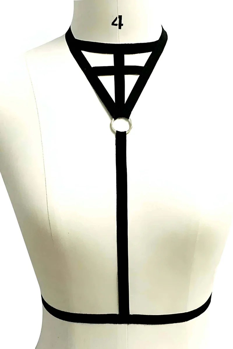 Black harness bra with ring detail and adjustable straps