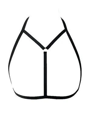 Black faux leather strappy cage bra with central O-ring accent